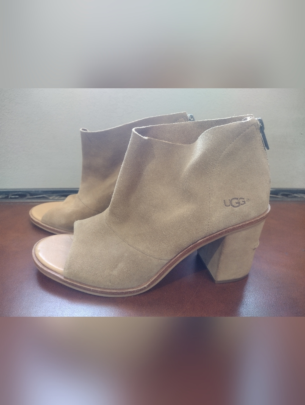 UGG Tan Suede Peep-Toe Ankle Booties